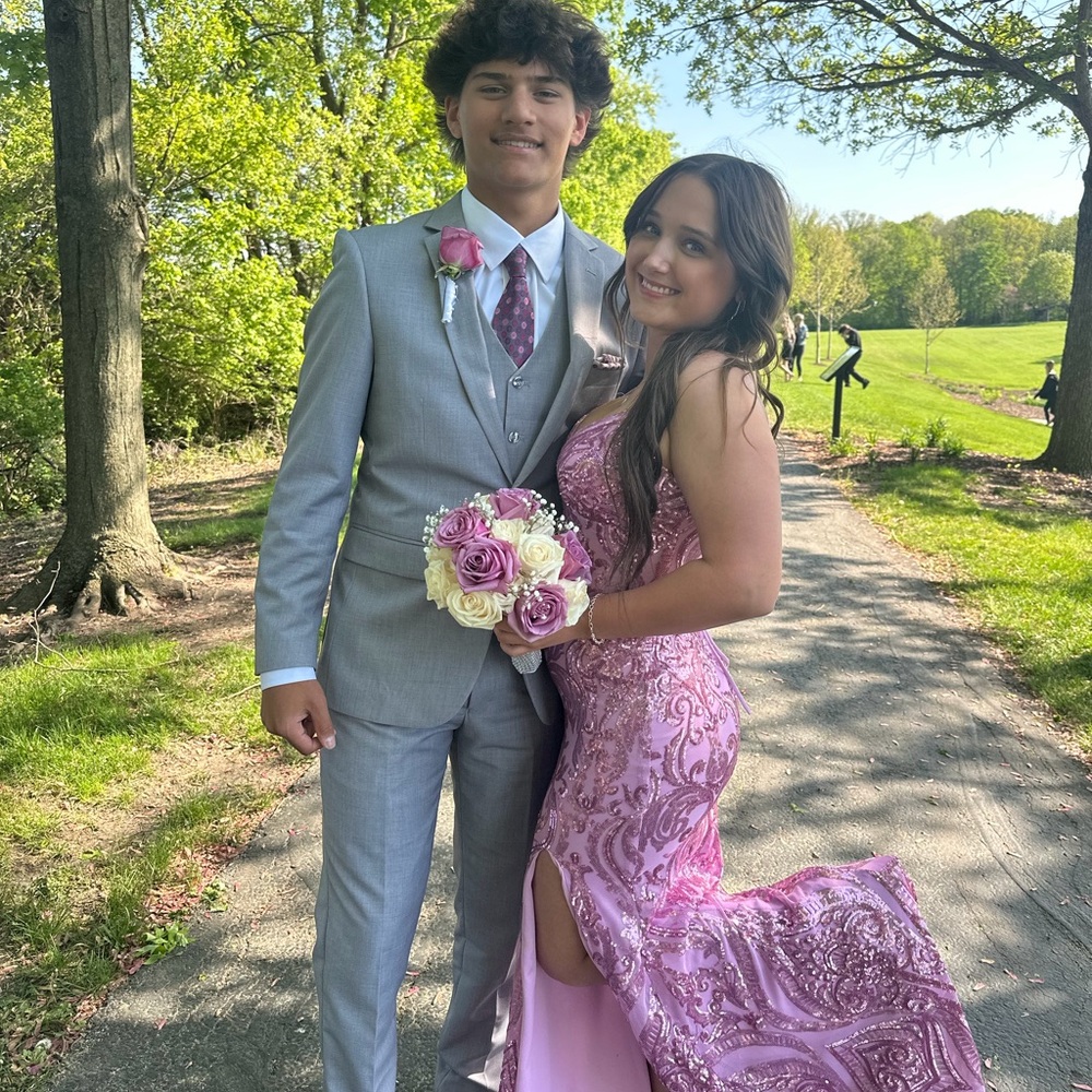 Peaches Uniforms Pink Sequined Prom Gown with Side Slit